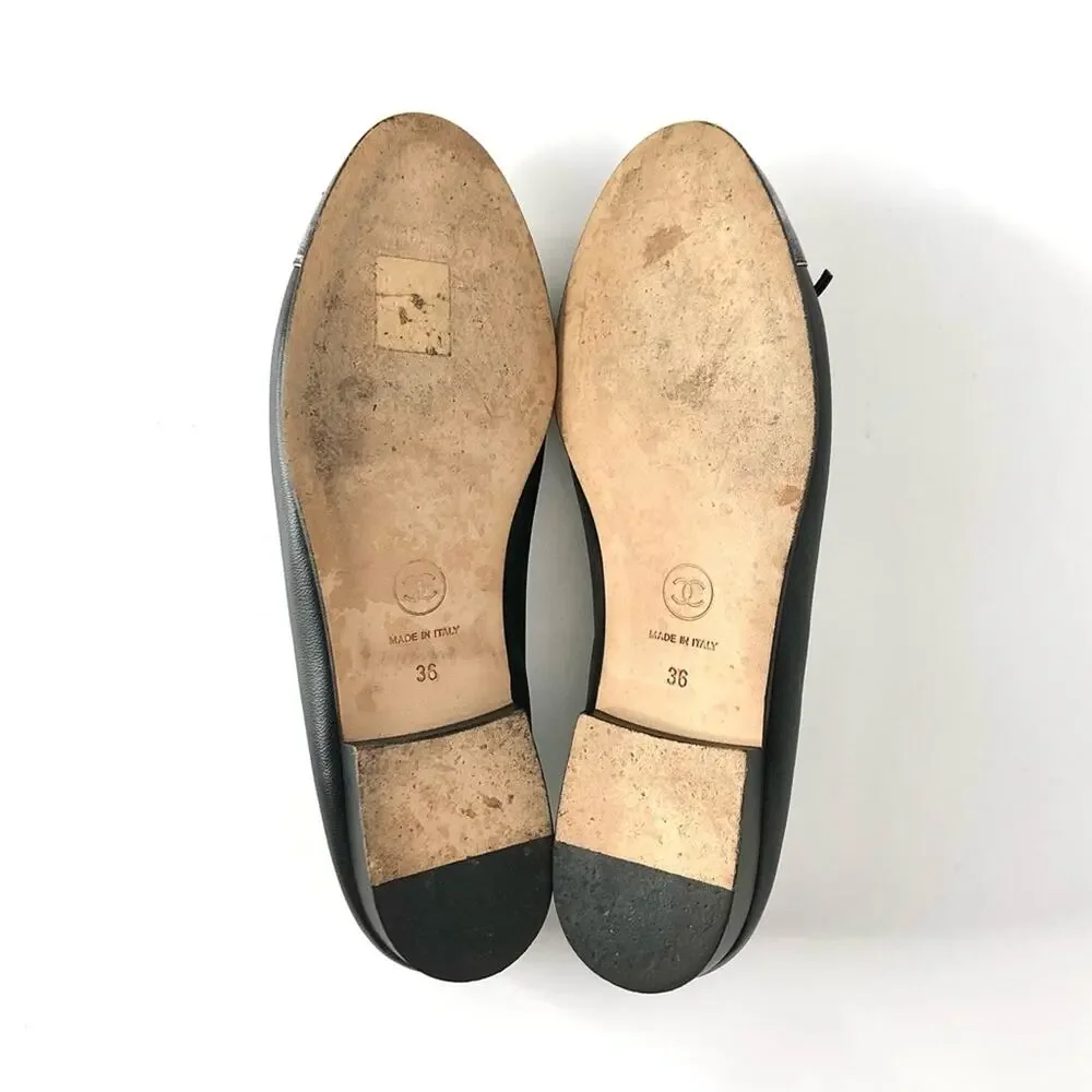 Chanel CC Logo Bow Detail Gunmetal Black Two Tone Leather Ballerina Flats 36